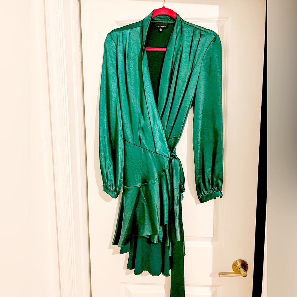 Lucky Paris Emerald green satin wrap dress